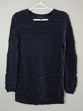 Banana Republic navy textured long-sleeve knit sweater, scalloped + crochet, new
